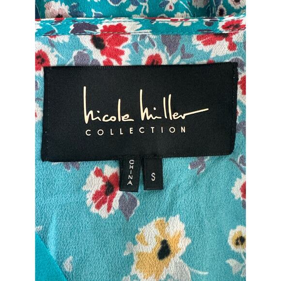 Nicole Miller Womens V Front Blouson Bodysuit in Turquoise Floral Size S - Picture 3 of 8